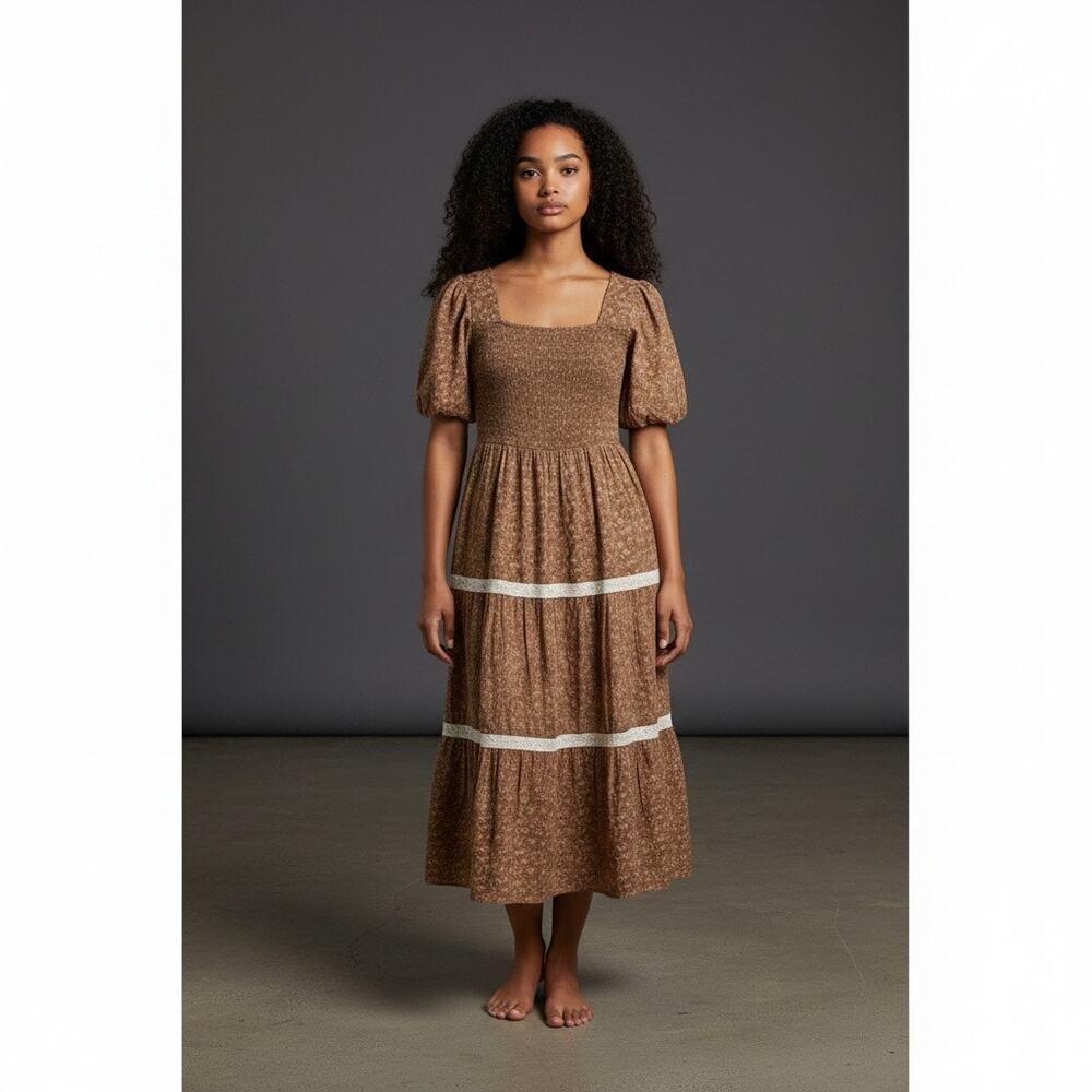 Cottagecore Prairie Maxi Dress | Brown Floral | Smocked Bodice | Puff Sleeve